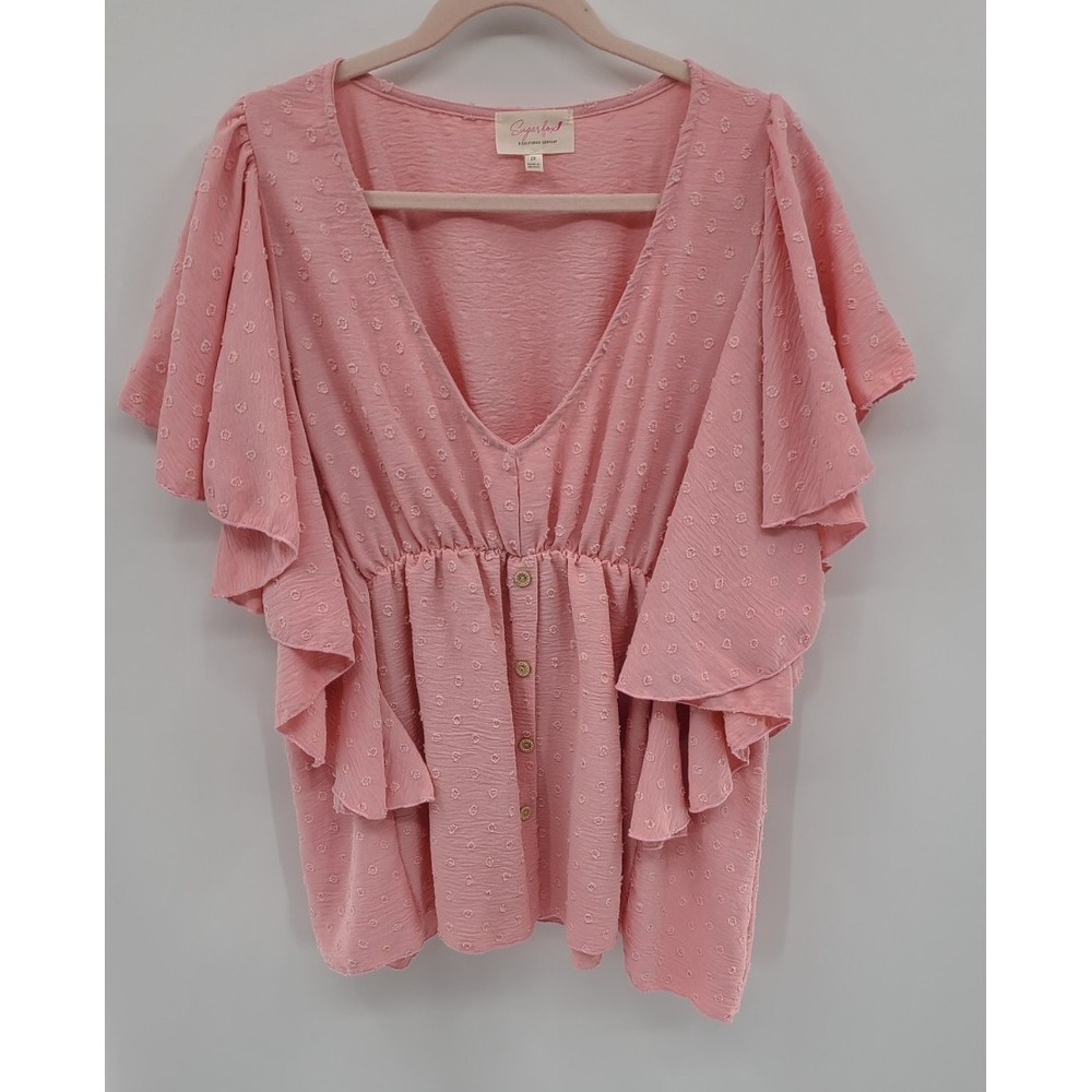 Fairy Babydoll Ethereal Womens Top 2X Pink Whimsy Flowy Coquette Swiss Dot Angel